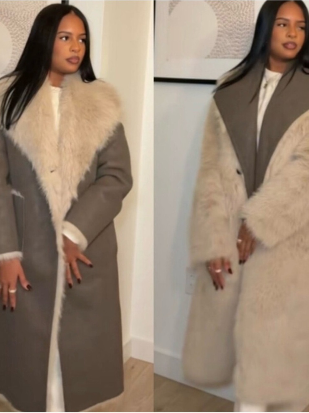 Reversible Zara Taupe Long Trench Coat with Cream Shearling fur!